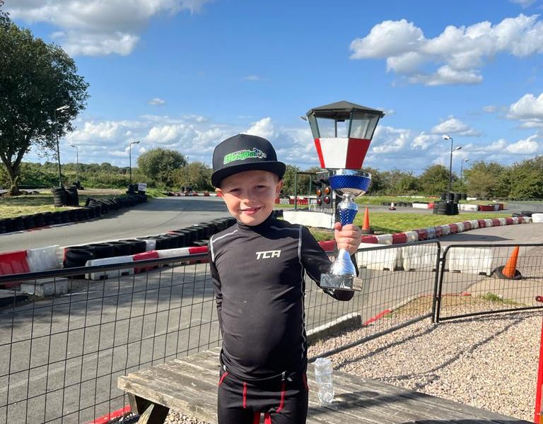Ethan with his trophy for finishing second in a race at Stretton – he came third overall in the season’s championship at the circuit