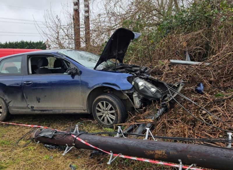 A 17-year-old boy was arrested after this collision between a car and a telegraph pole