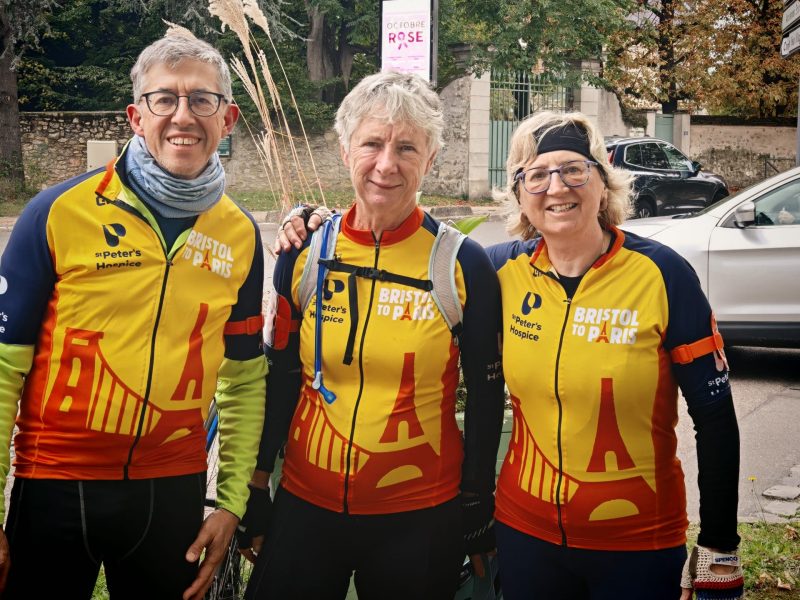 Gill, centre, with fellow riders Pete and Liz Olpin
