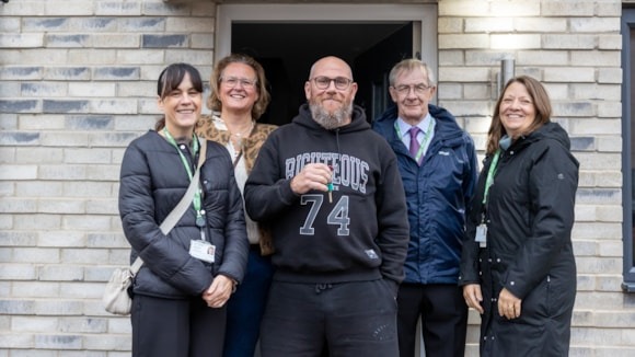 Dawn May, of South Glos Council, Sarah McQuatt from Alliance Homes, customer Jason Browne, Councillor John O’Neill, and SGC's Kerry Cox