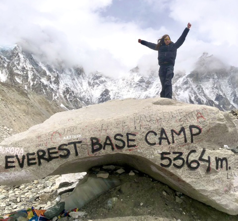 What an achievement! Sam celebrates at Everest Base Camp
