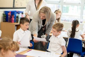 Hanham Abbots Junior School headteacher Gabby Howells with some of her Year 5 pupils