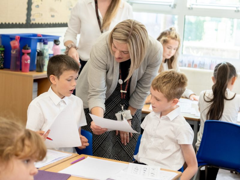 Hanham Abbots Junior School headteacher Gabby Howells with some of her Year 5 pupils