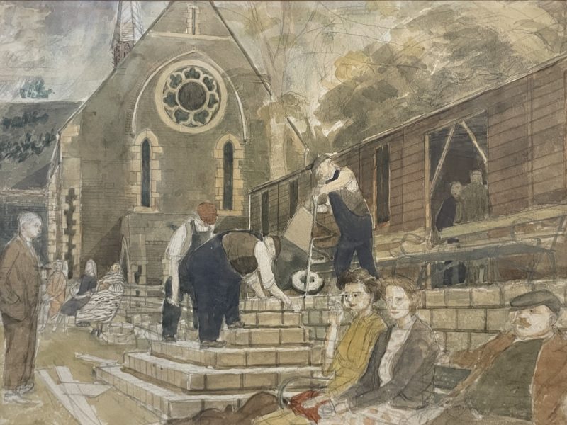 The building of the cricket pavilion in the 1950s, drawn by patient and artist Denis Reed